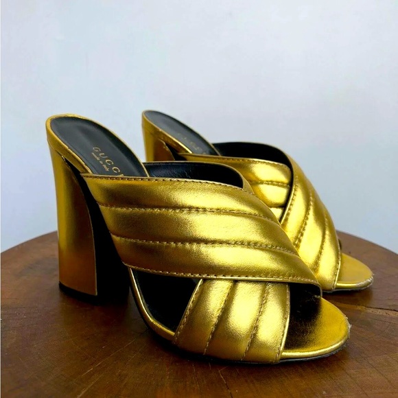 Gucci Shoes - Gold Gucci Webby Mules 38